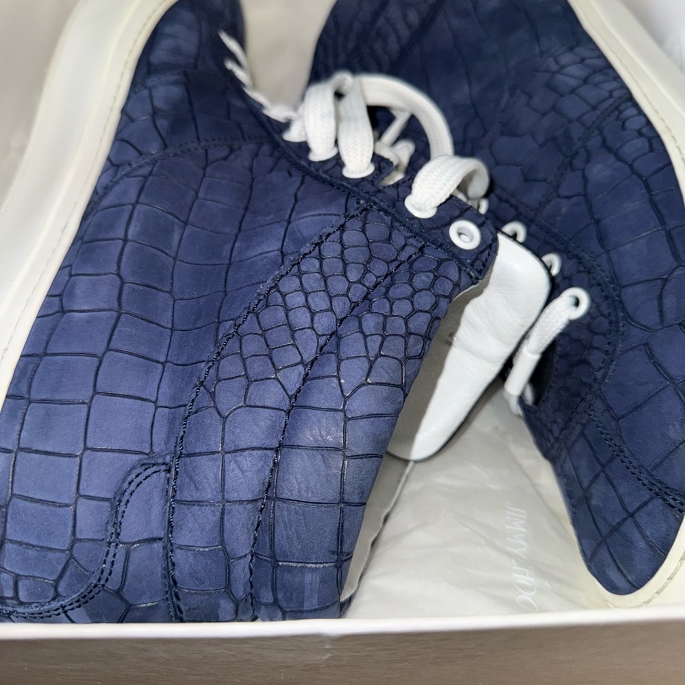 Jimmy Choo Navy Blue Croc-Embossed Sneakers with White Accents